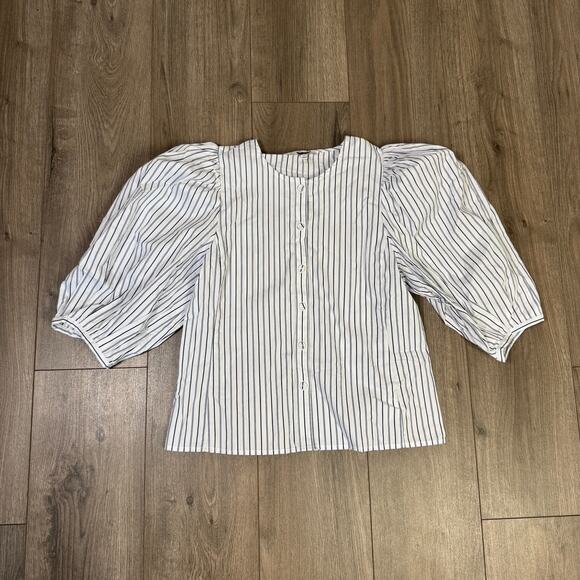 Madewell Puff-Sleeve Button-Up Top WMNS 6 Blue White Striped Crew Neck Oversized - Picture 4 of 9